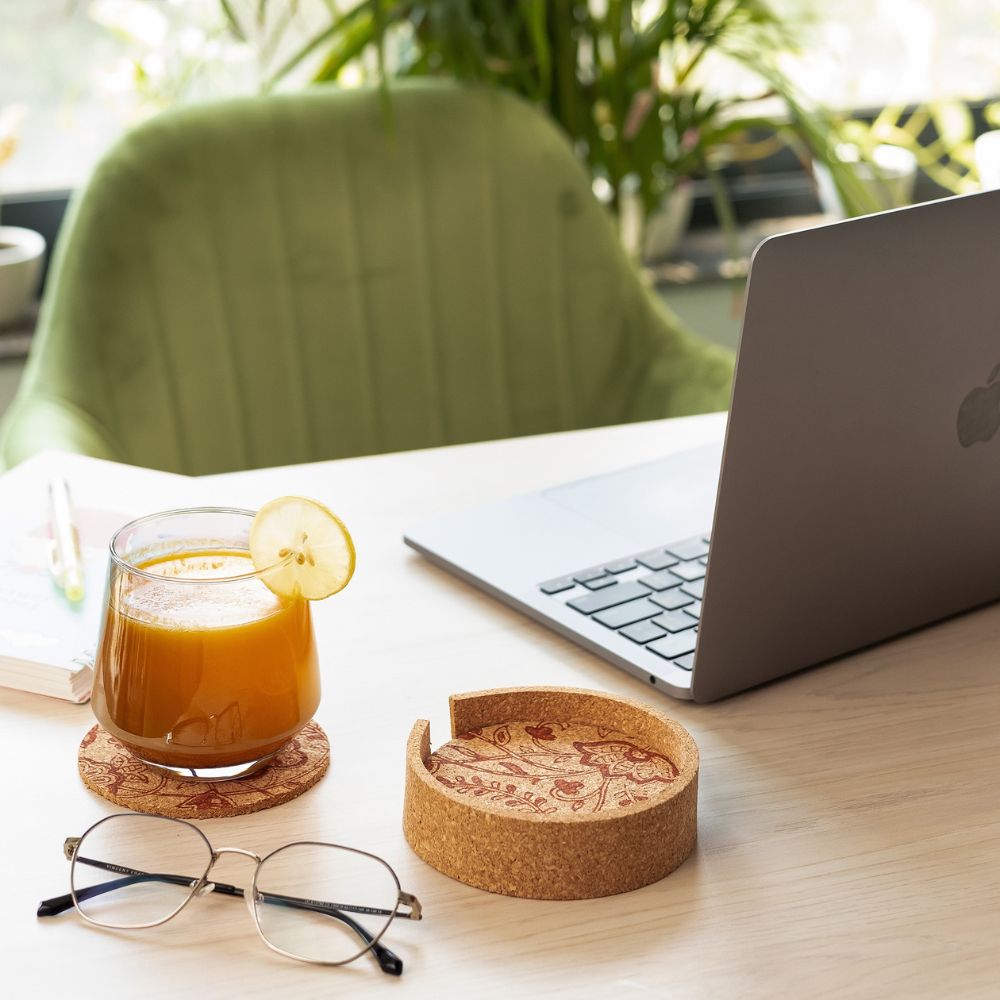 Rustic Red Cork Coasters set of 6 with holder