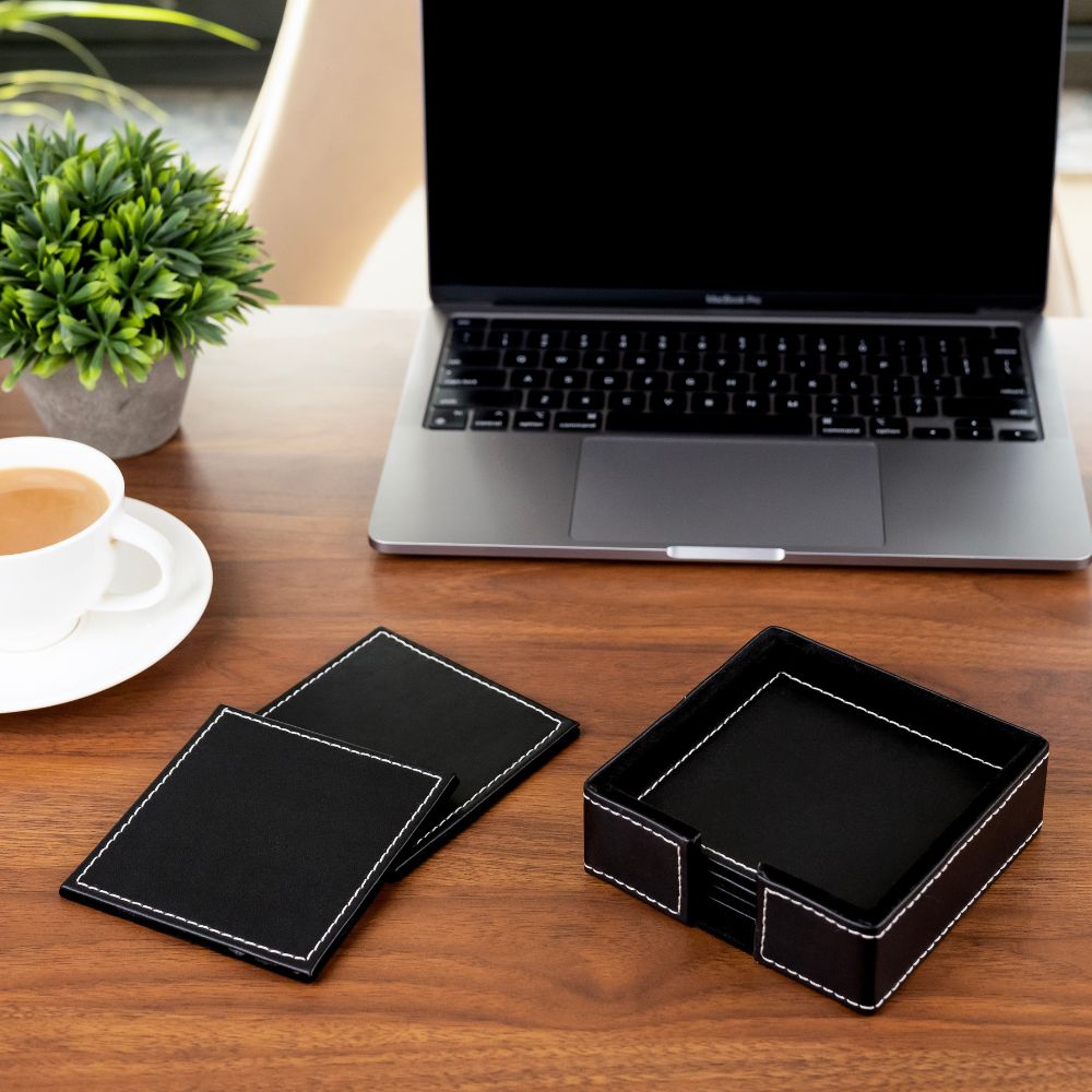 Black Leather Coasters set of 6 with holder