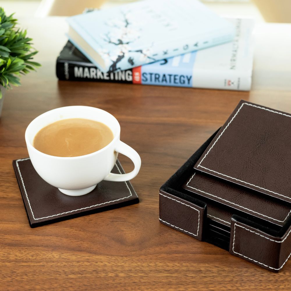 Brown Leather Coasters set of 6 with holder