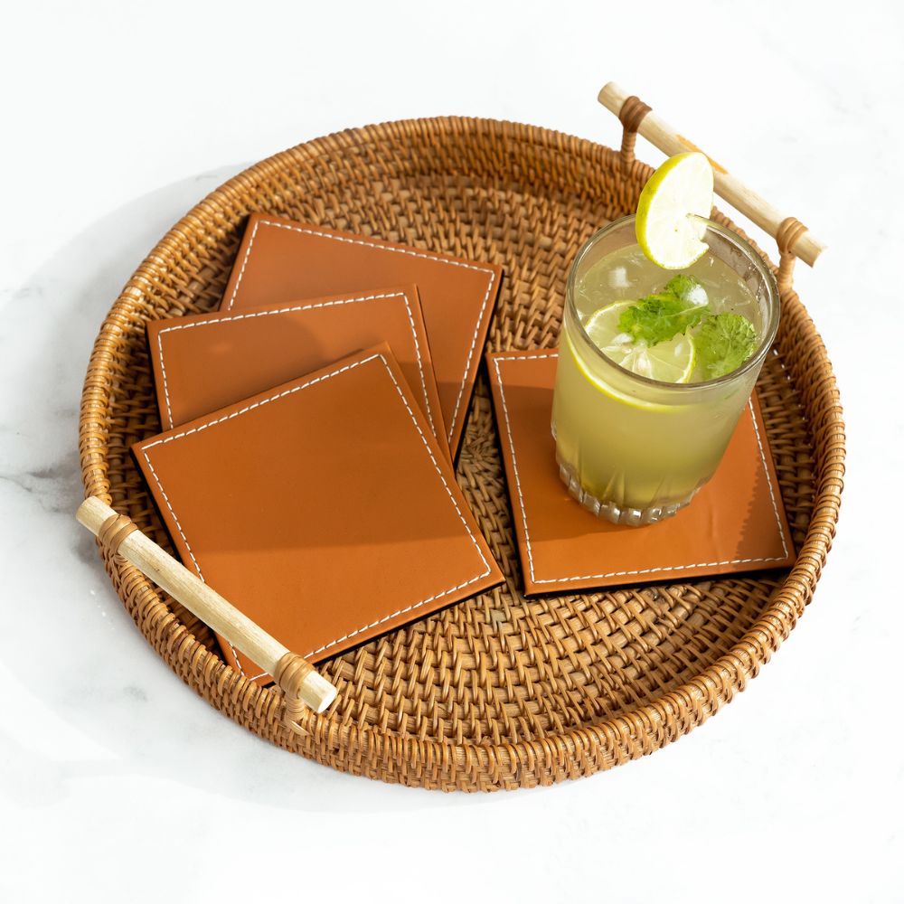 Tan Leather Coasters set of 6 with holder