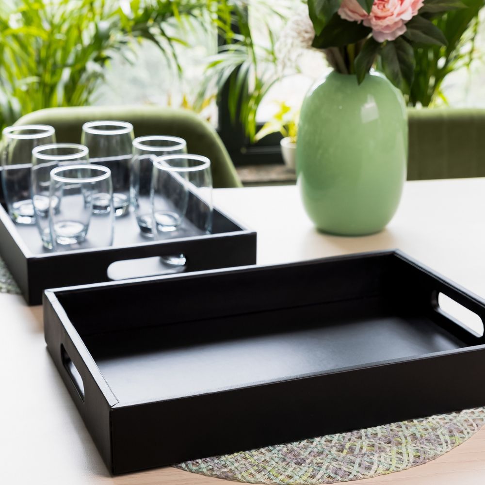 Black Leather Serving Tray with matching coasters