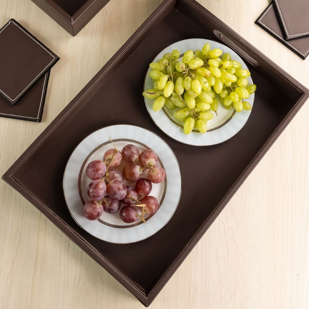 Brown Leather Serving Tray with matching coasters