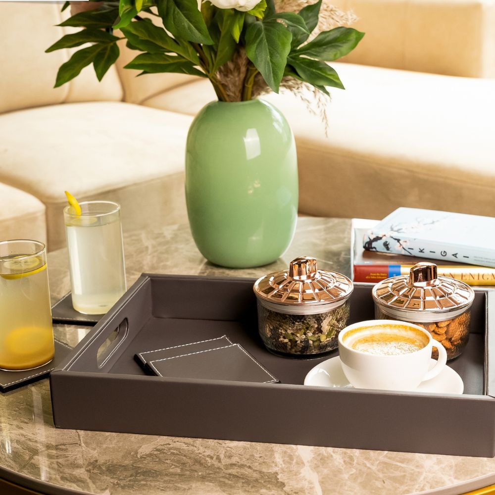 Grey Leather Serving Tray with matching coasters