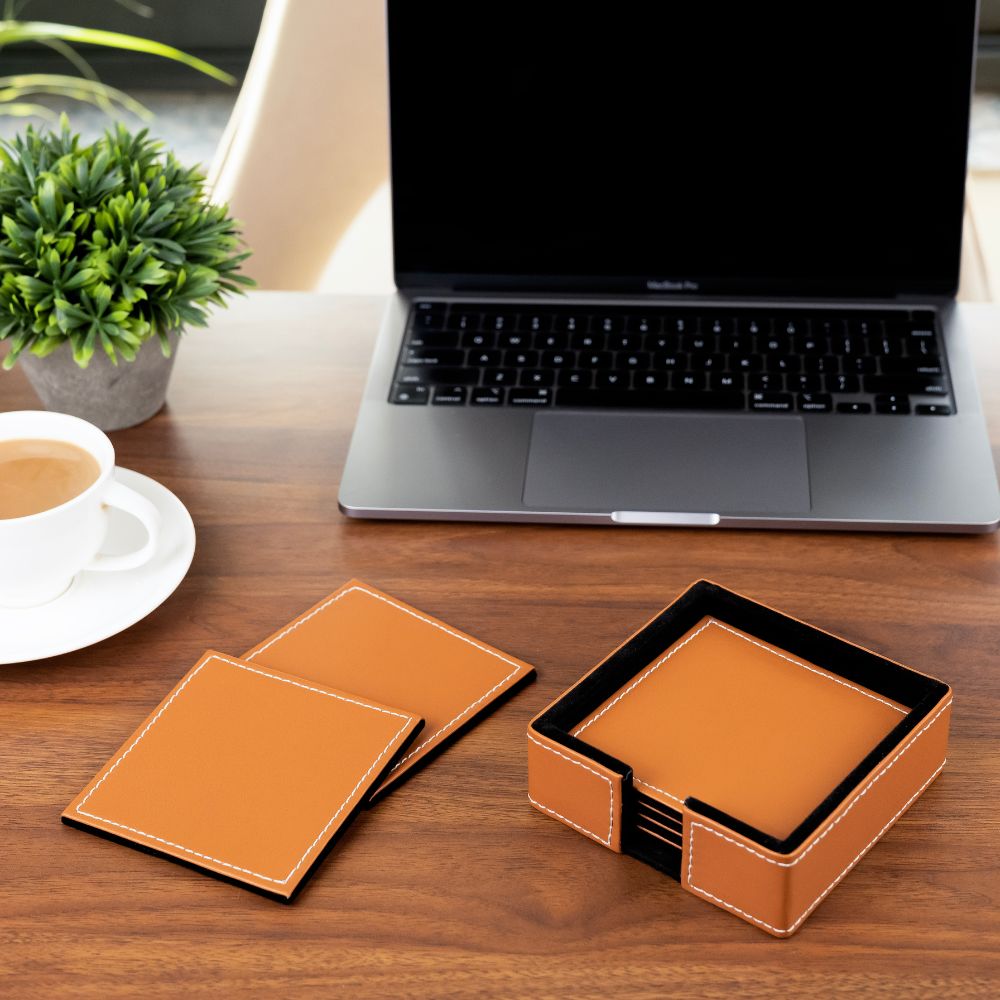 Tan Leather Coasters set of 6 with holder