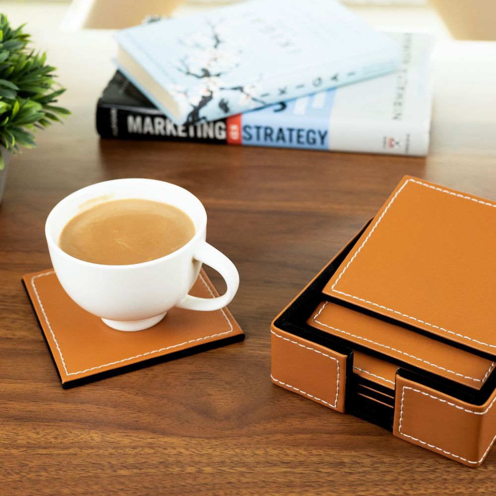 Tan Leather Coasters set of 6 with holder