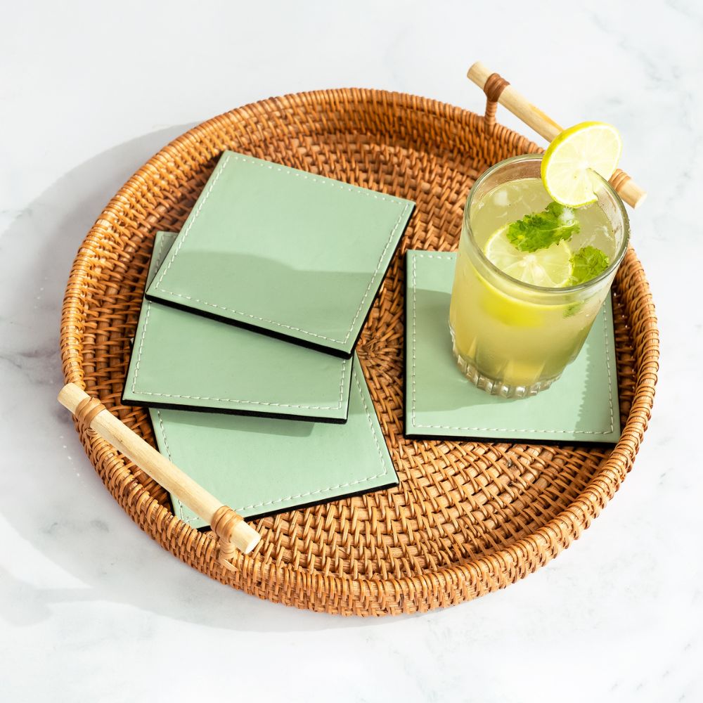 Mint Leather Coasters set of 6 with holder