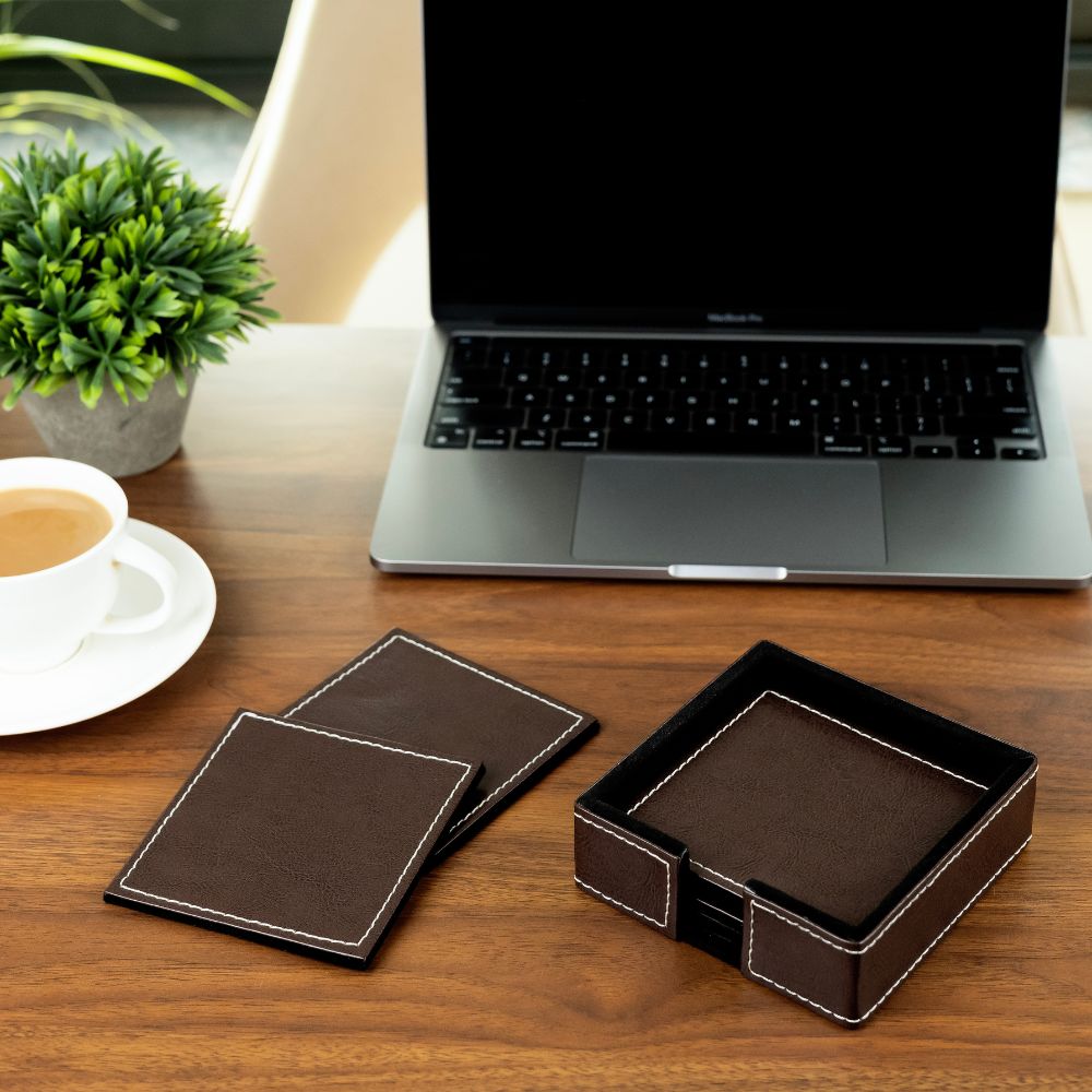 Brown Leather Coasters set of 6 with holder