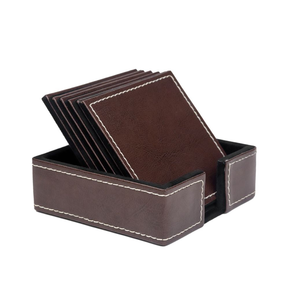 Brown Leather Coasters set of 6 with holder