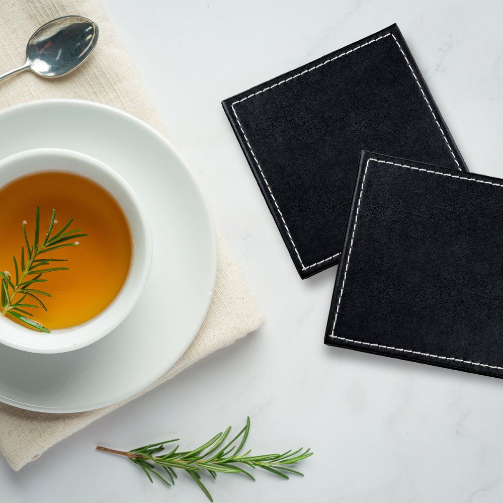 Black Leather Coasters set of 6 with holder