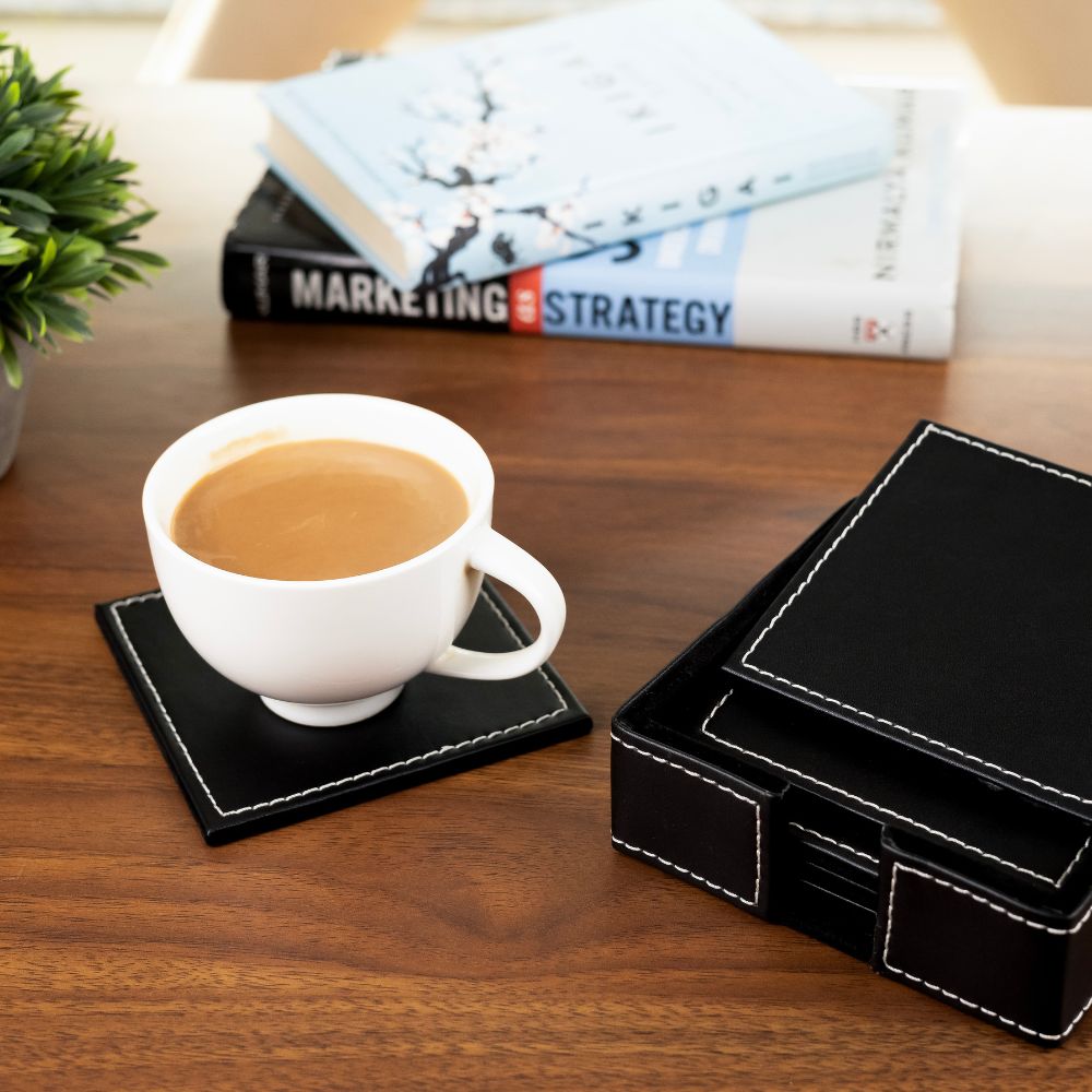 Black Leather Coasters set of 6 with holder