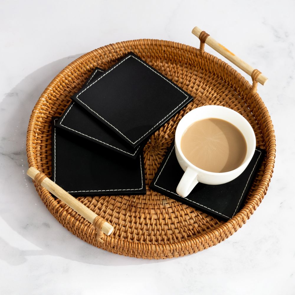 Black Leather Coasters set of 6 with holder