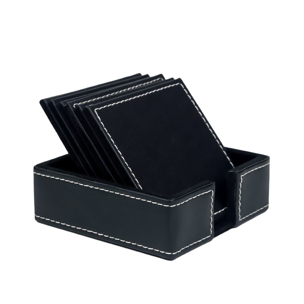 Black Leather Coasters set of 6 with holder