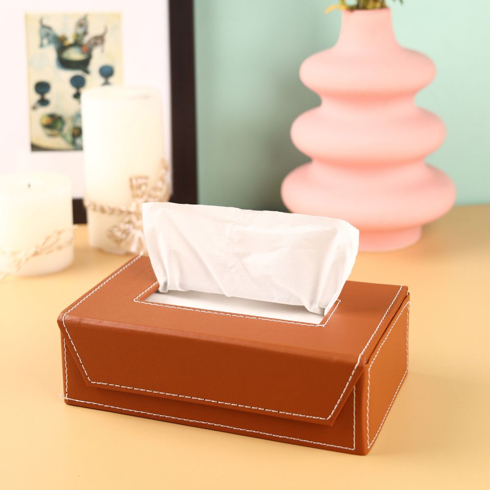 Leather Tissue Box - tan