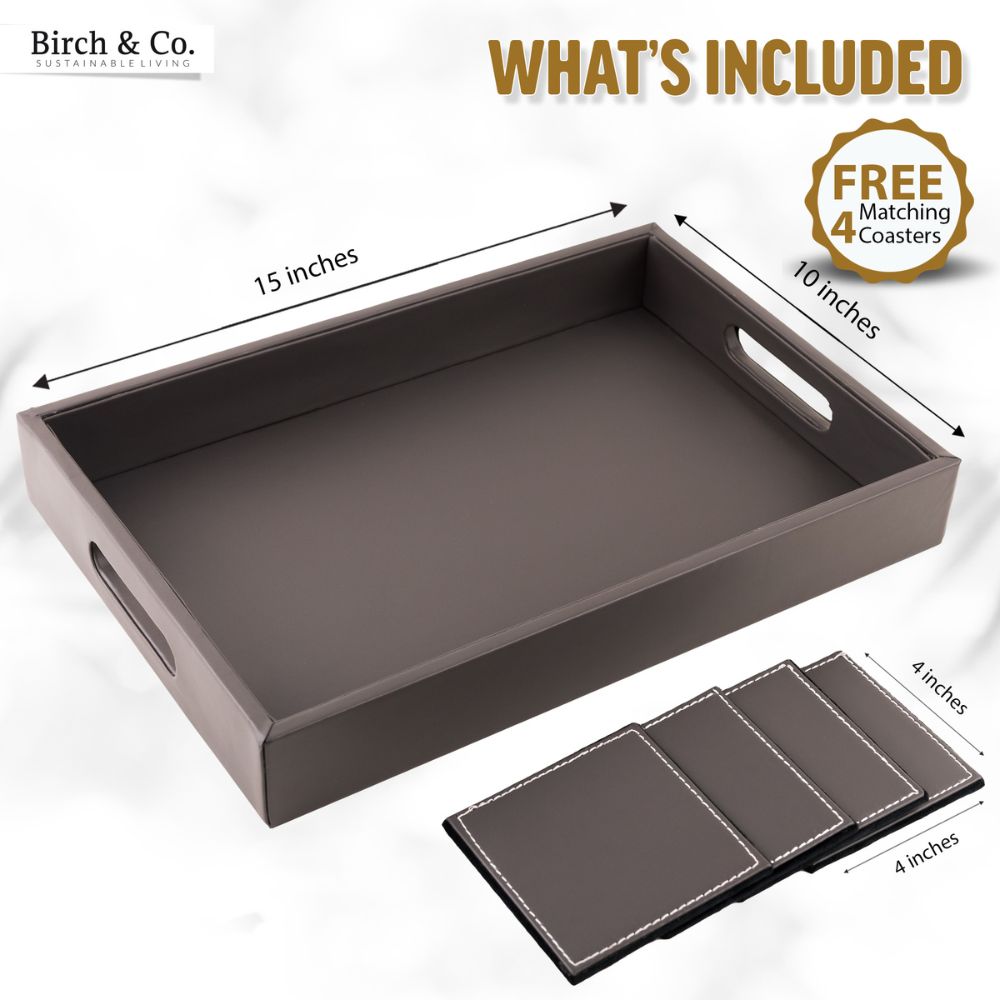 Grey Leather Serving Tray with matching coasters