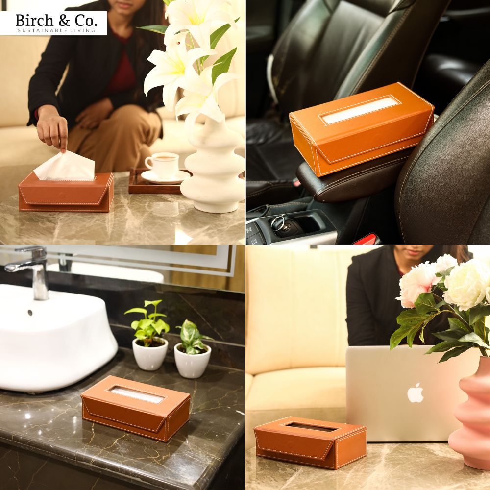 Leather Tissue Box - tan