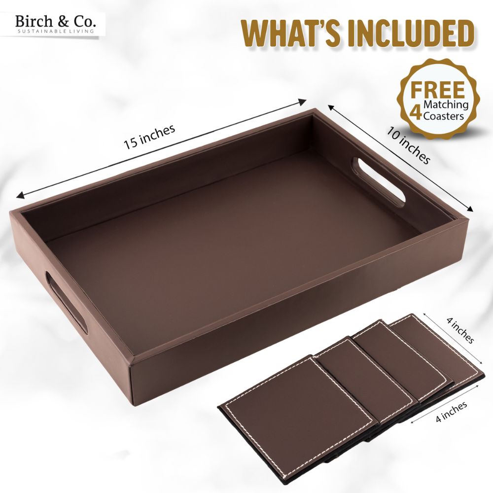 Brown Leather Serving Tray with matching coasters