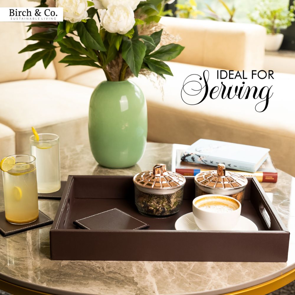 Brown Leather Serving Tray with matching coasters