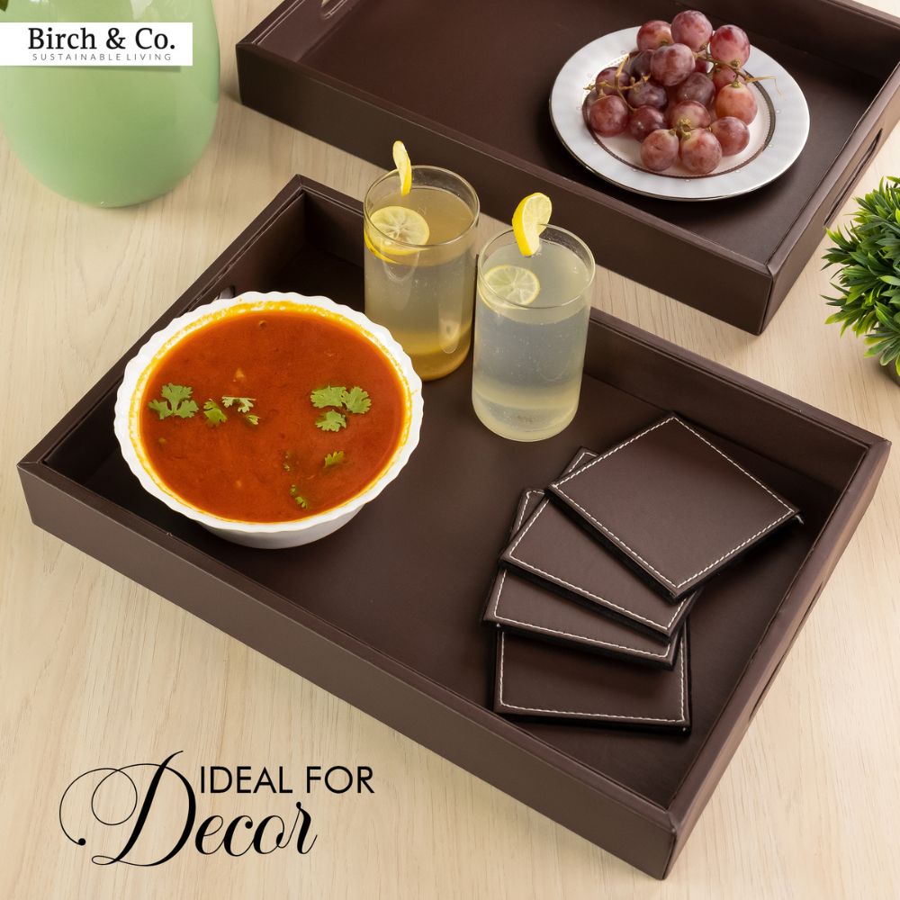 Brown Leather Serving Tray with matching coasters