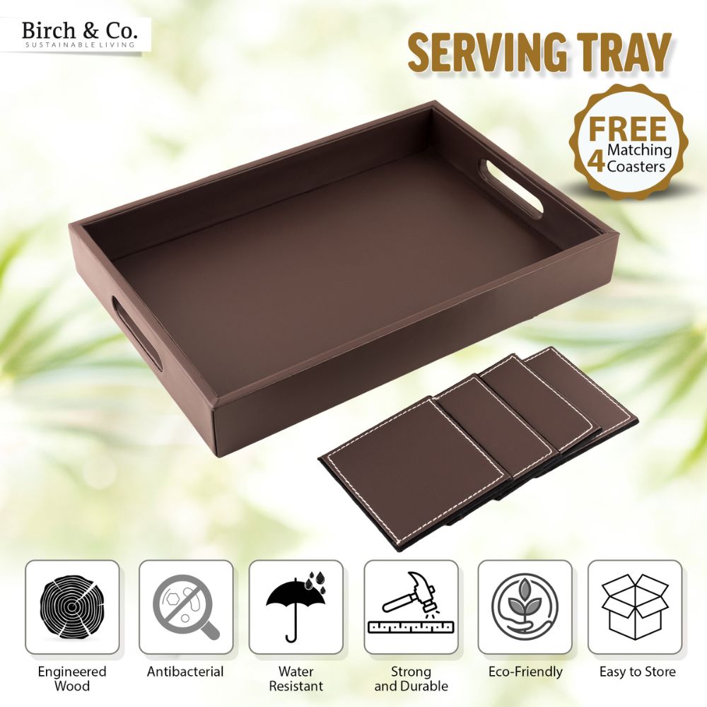 Brown Leather Serving Tray with matching coasters