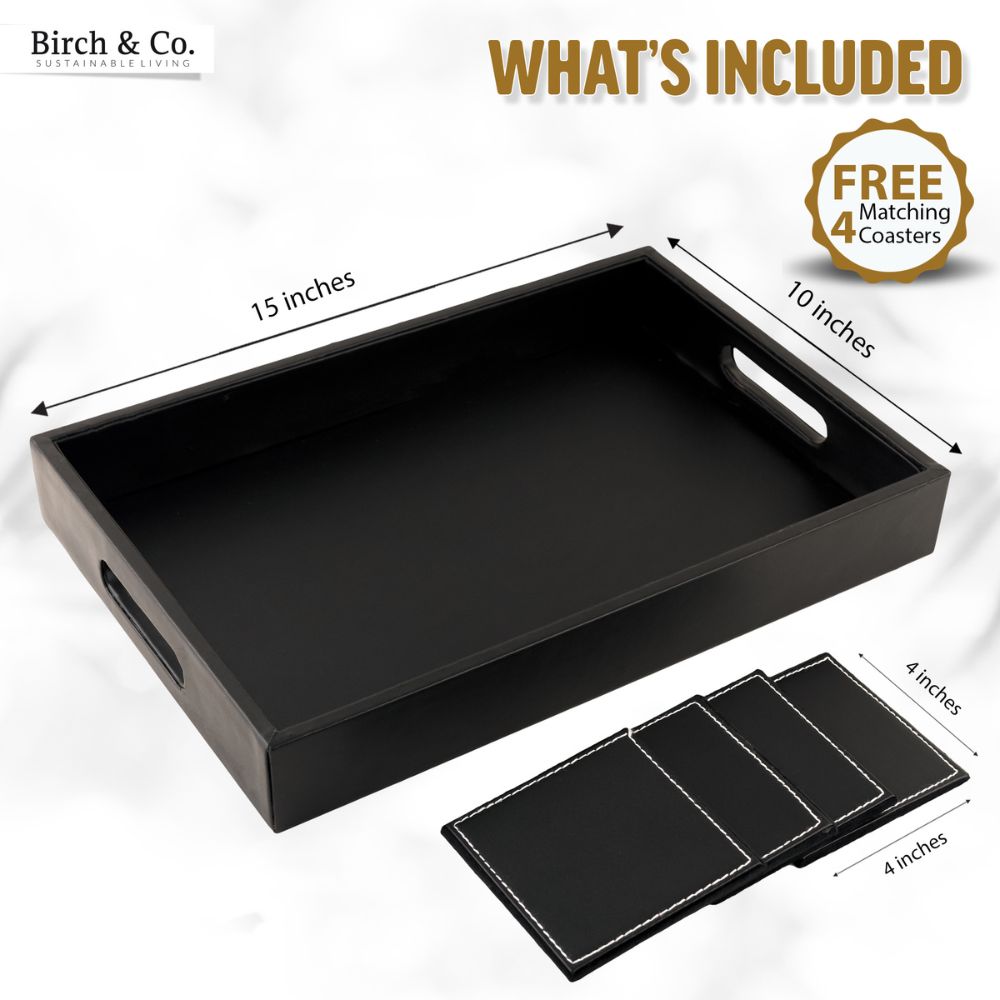 Black Leather Serving Tray with matching coasters