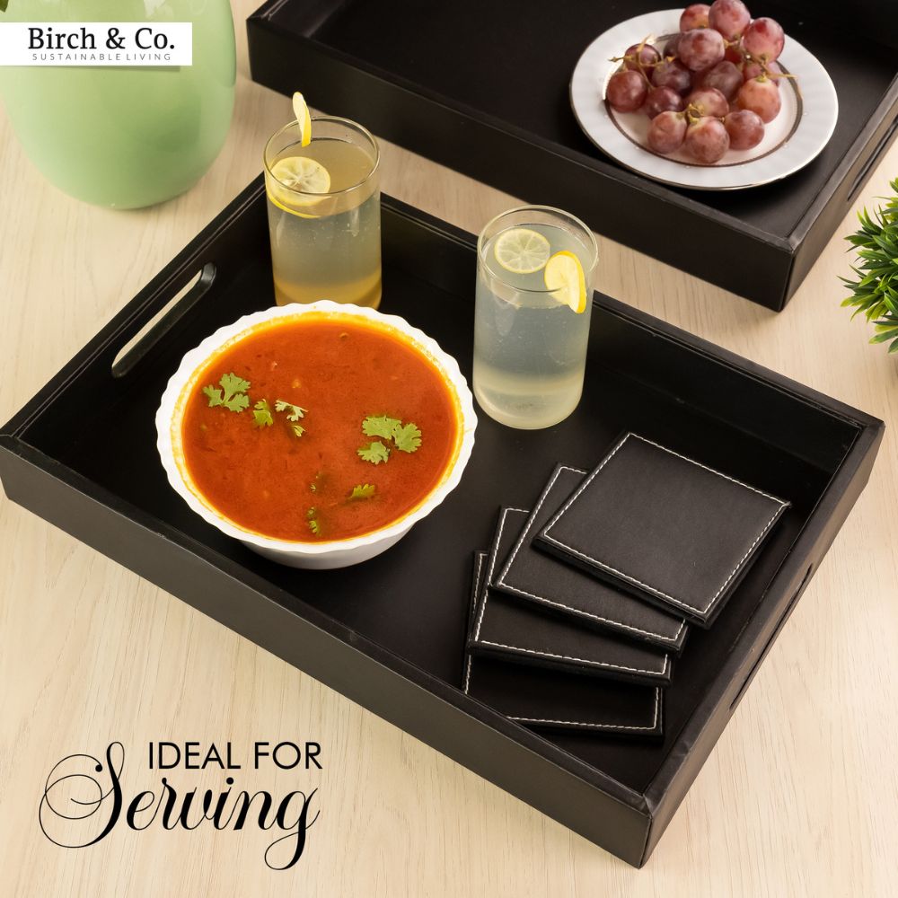 Black Leather Serving Tray with matching coasters