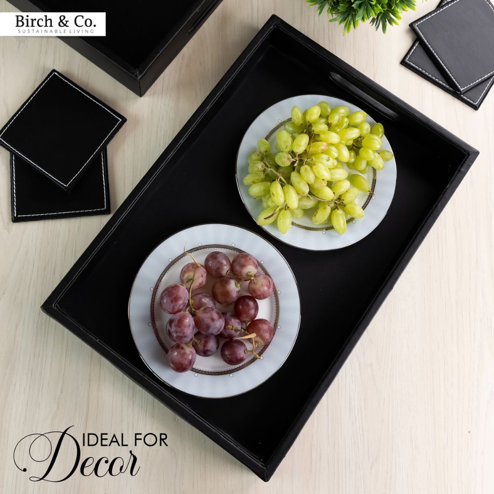 Black Leather Serving Tray with matching coasters