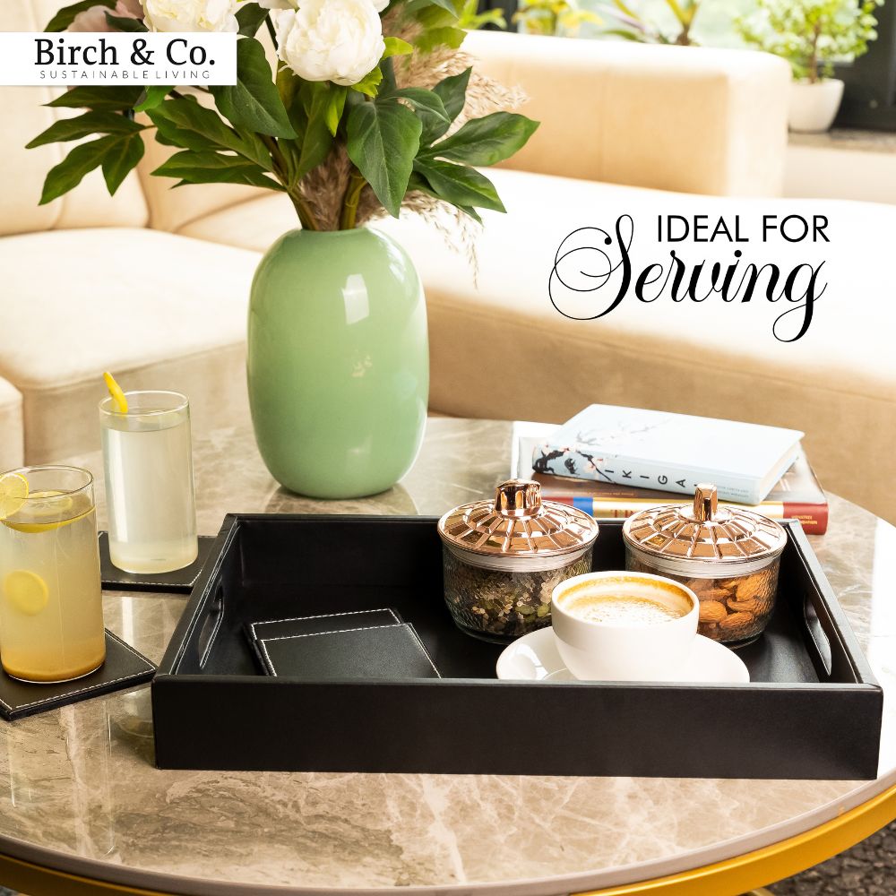 Black Leather Serving Tray with matching coasters