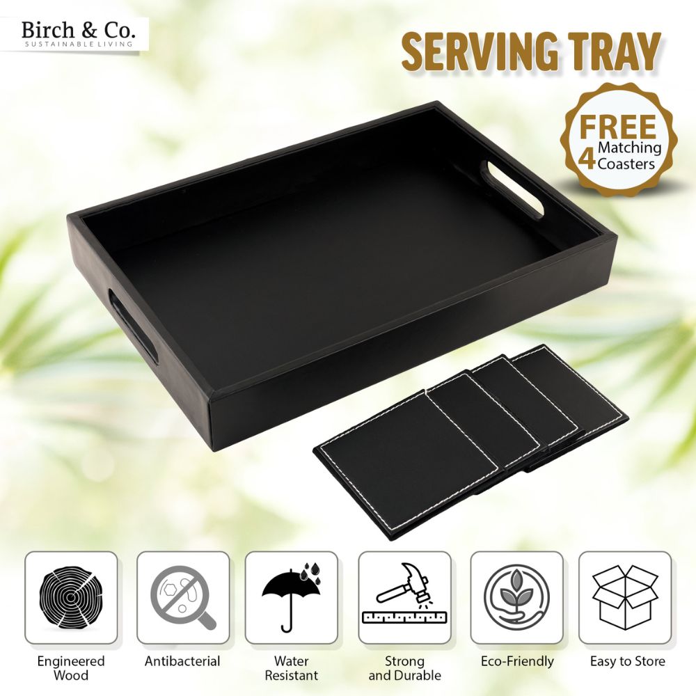 Black Leather Serving Tray with matching coasters