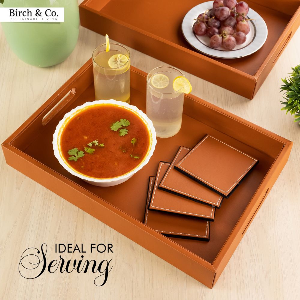 Tan Leather Serving Tray with matching coasters