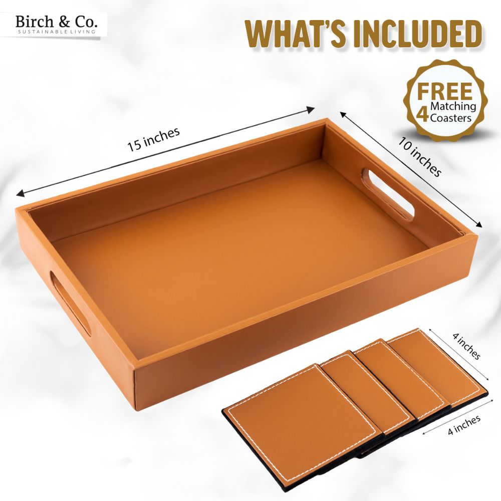 Tan Leather Serving Tray with matching coasters